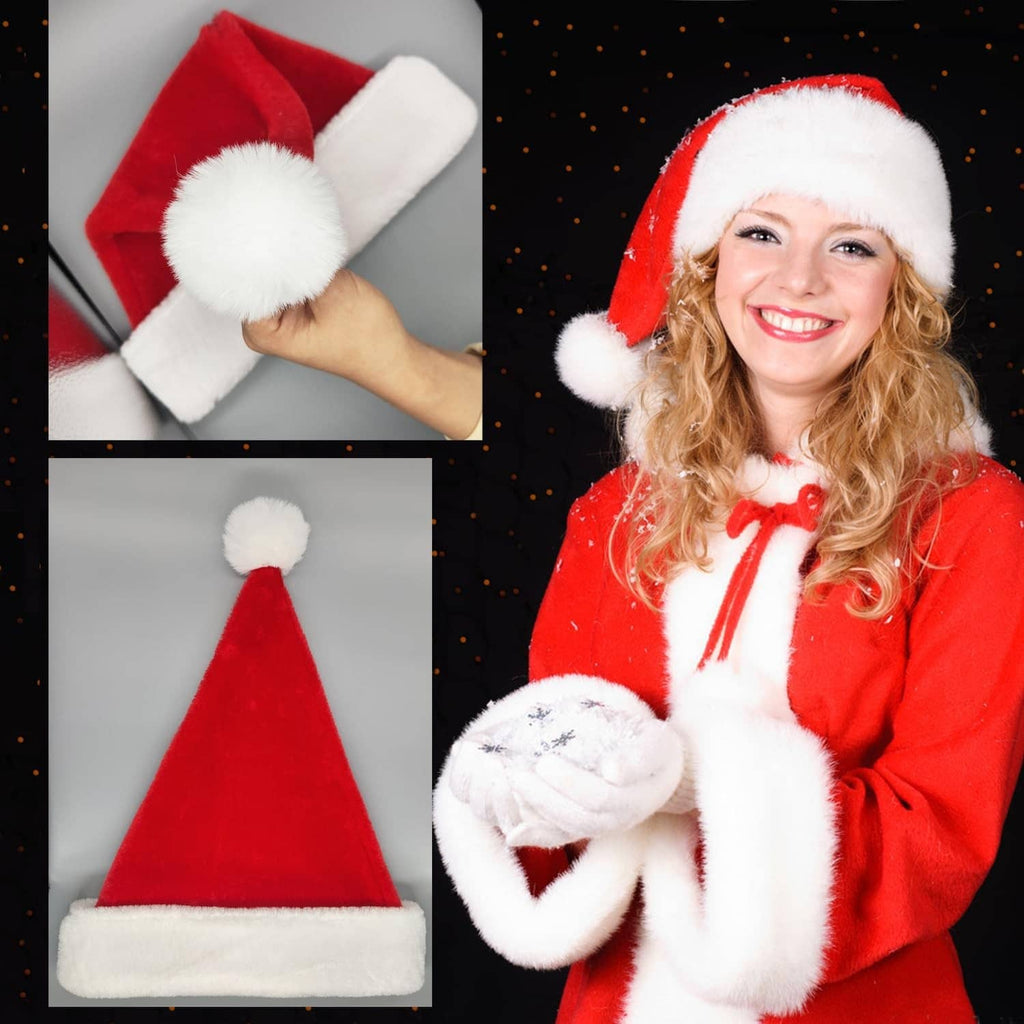 Red Santa hat with white brim and oversized pom-pom, plush felt