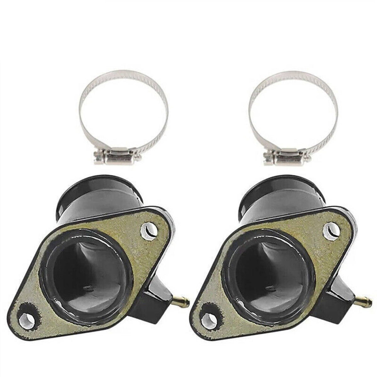 Two black rubber carb intake boots with olive gaskets and metal hose clamps