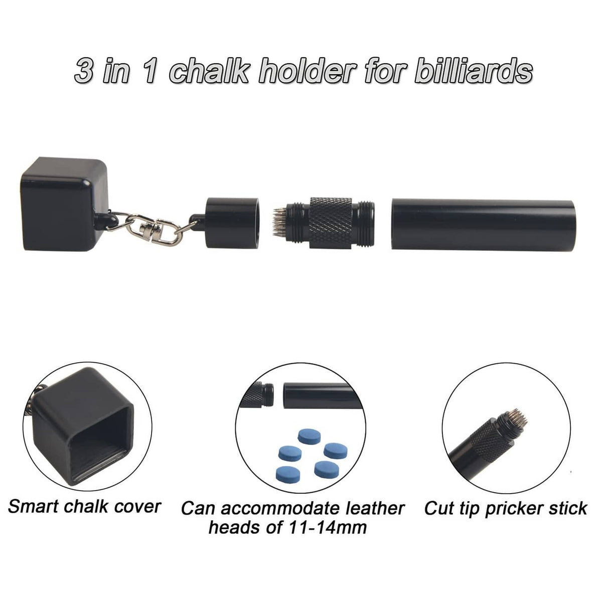 Cue tip shaper kit with hinged chalk holder, textured pricker head, and black handle
