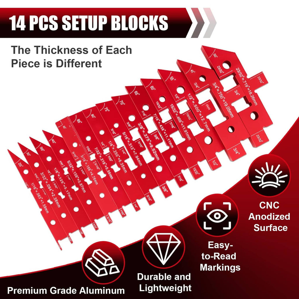 Woodworking setup block set of 14 red aluminum alignment blocks with measurement holes
