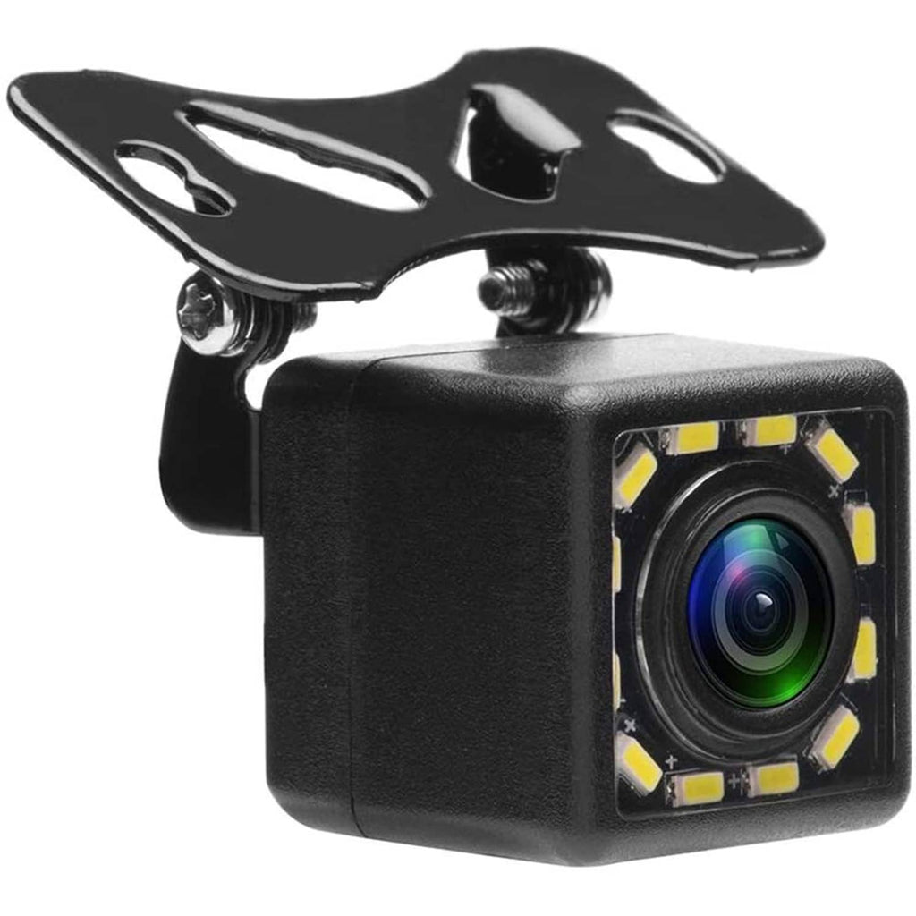 Close-up of black rear view backup camera with wide-angle lens and LED light panel