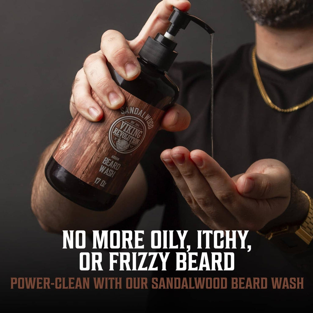Beard wash pump bottle being dispensed, Viking Revolution Sandalwood beard wash
