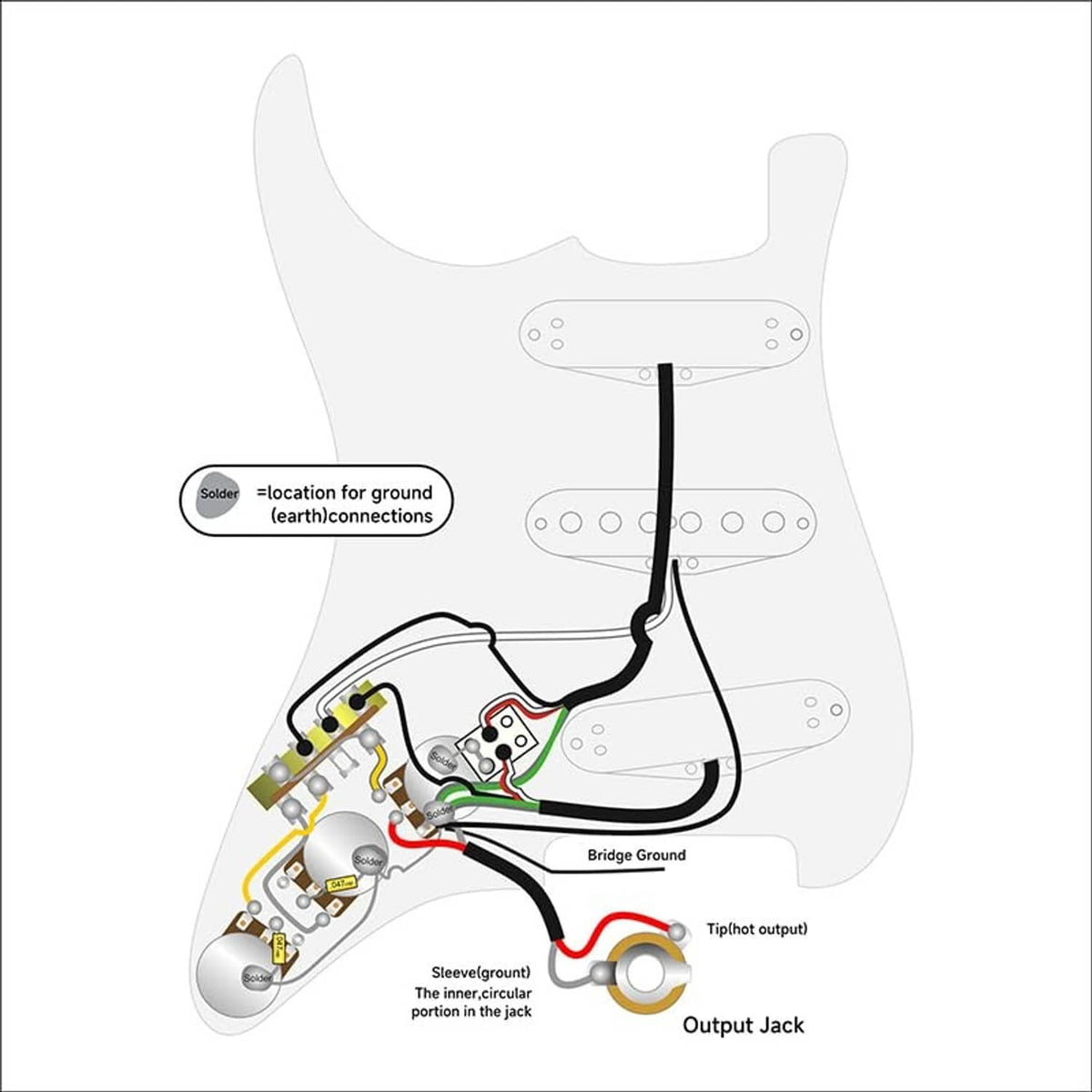 Wiring diagram for guitar coil-splitting harness showing output jack, switch, and ground