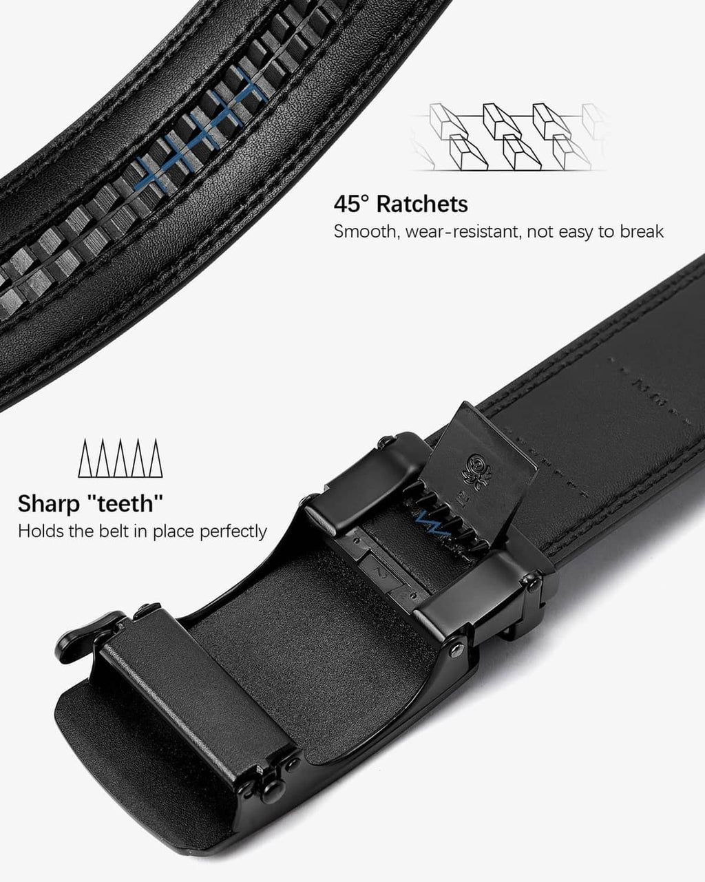 Black ratchet belt buckle with multiple teeth for smooth hold