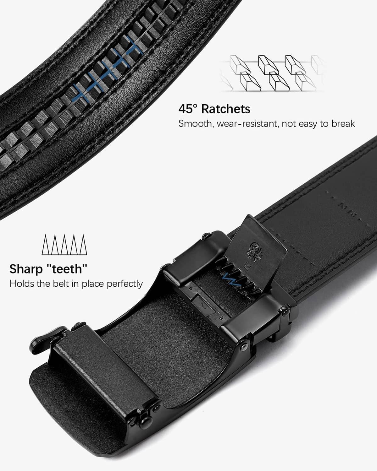 Black ratchet belt buckle with multiple teeth for smooth hold