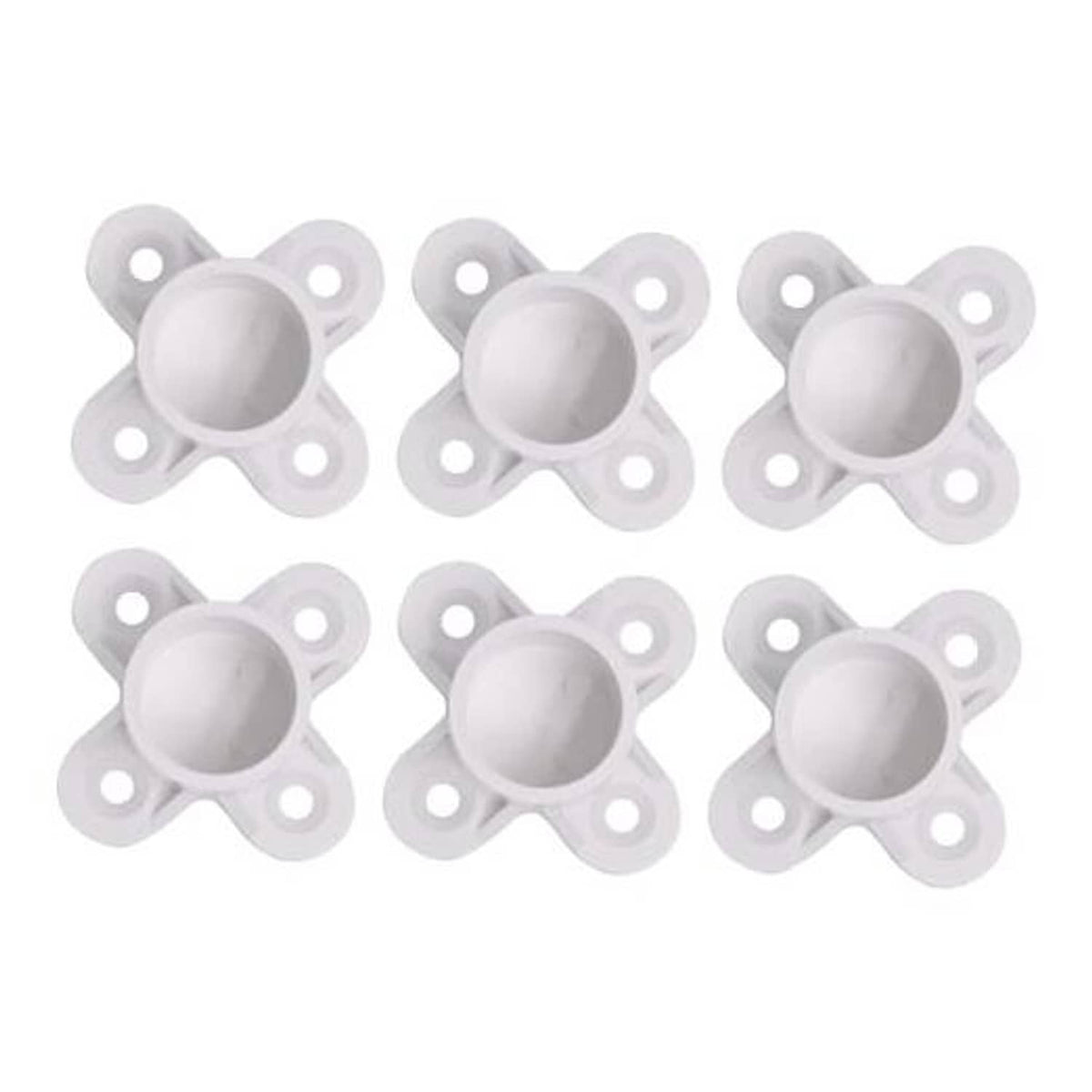Set of 6 white PVC pipe flange cap fittings with round opening and four mounting holes