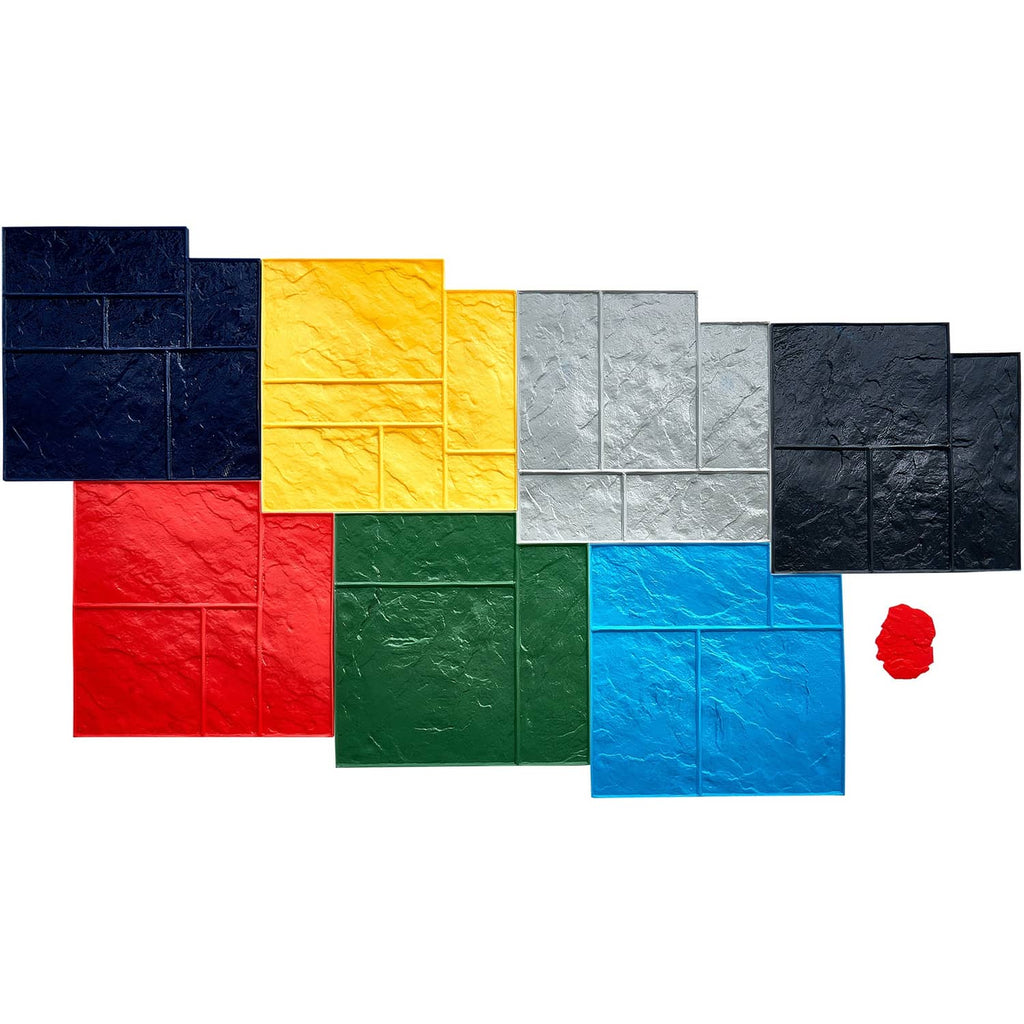 Concrete stamping mat set with slate-stone block tiles in red, blue, green, and more