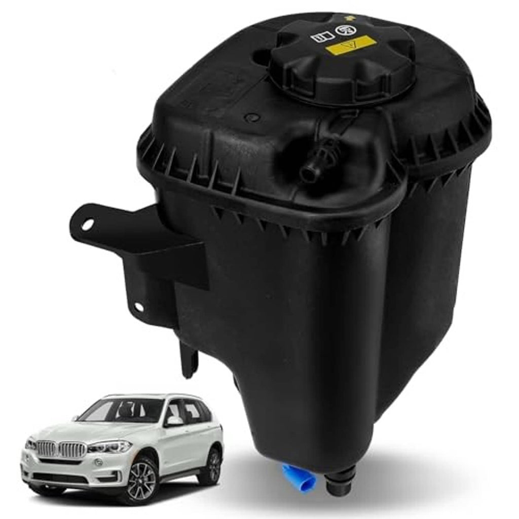 Black coolant reservoir tank with cap and sensor, showing outlet connection