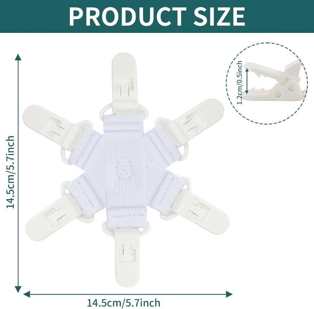 Bed sheet detangler with 6 clips, light blue elastic straps with white plastic clips