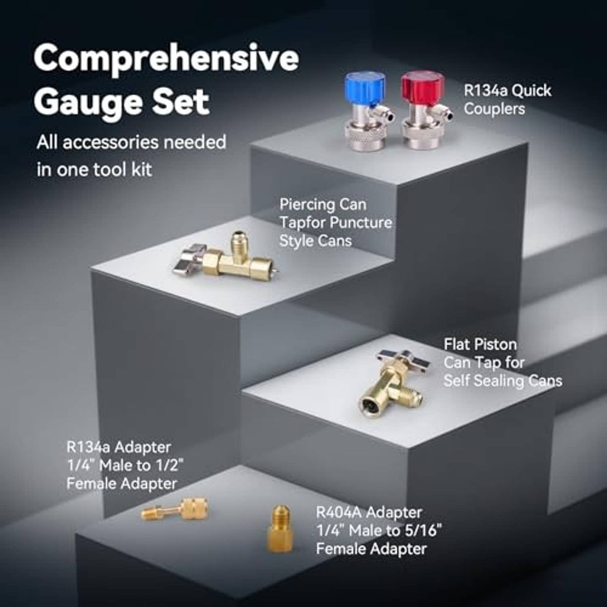 AC gauge set accessory kit with adapters, couplers, and fitting pieces in an illustrated layout
