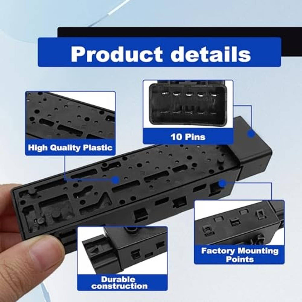 Black power seat switch control panel with mounting tabs and port openings