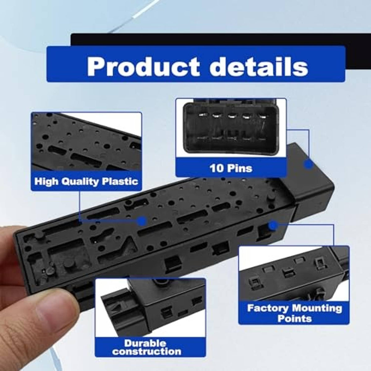 Black power seat switch control panel with mounting tabs and port openings