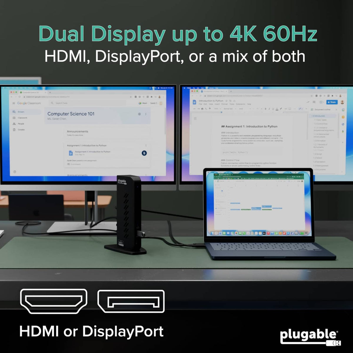 Black dual display docking station with video ports for HDMI and DisplayPort