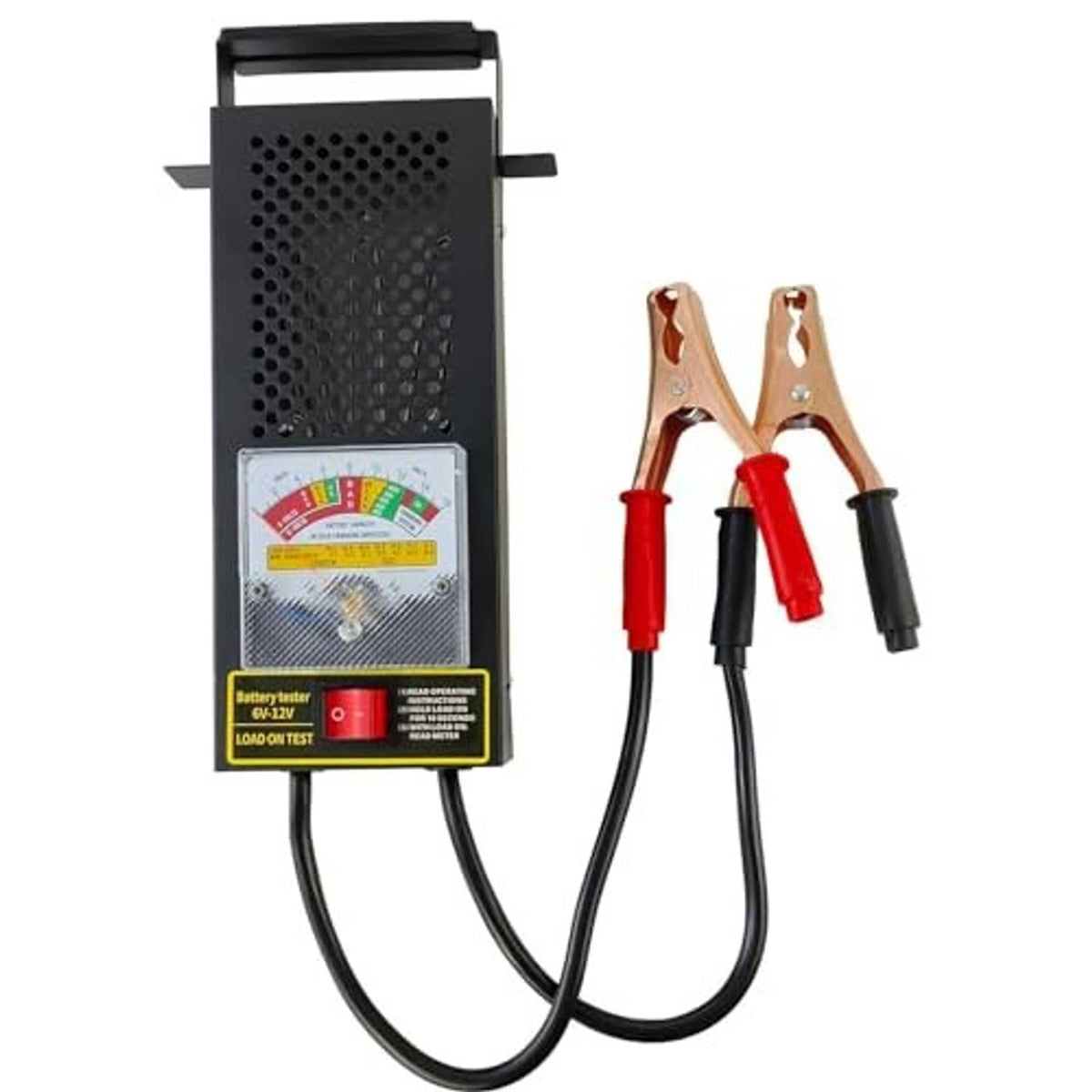 Car battery load tester with meter panel and red/black alligator clamps on cables