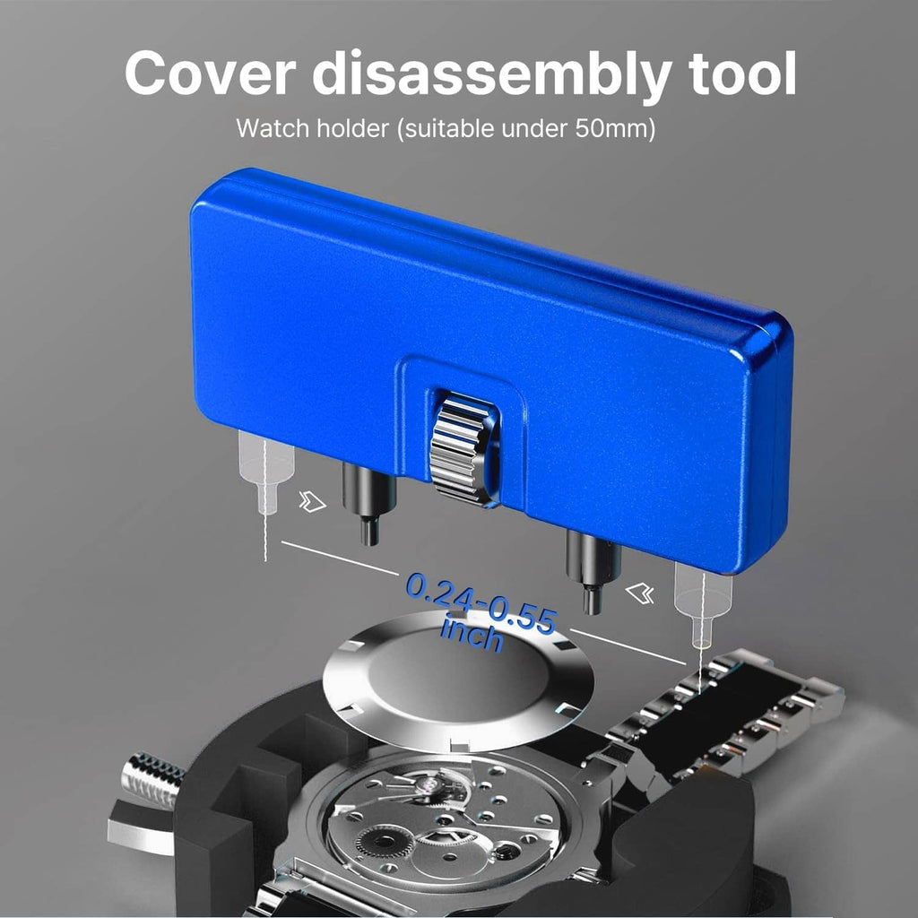 Blue cover disassembly tool with watch holder and adjustment parts for opening the case