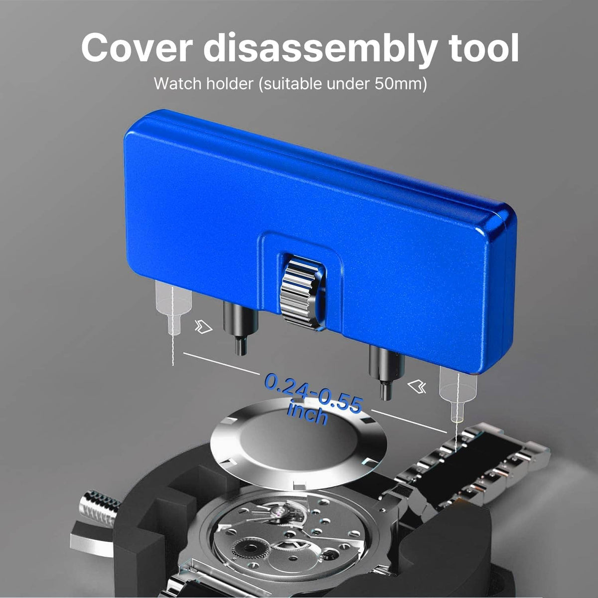 Blue cover disassembly tool with watch holder and adjustment parts for opening the case