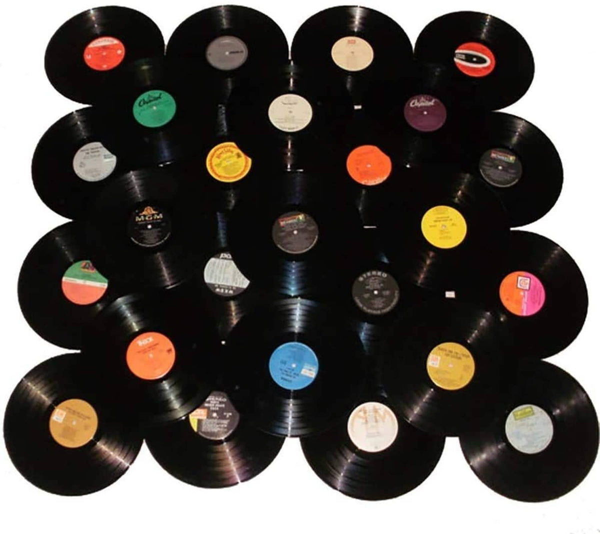 Lot of 12-inch black vinyl records with assorted colorful center labels
