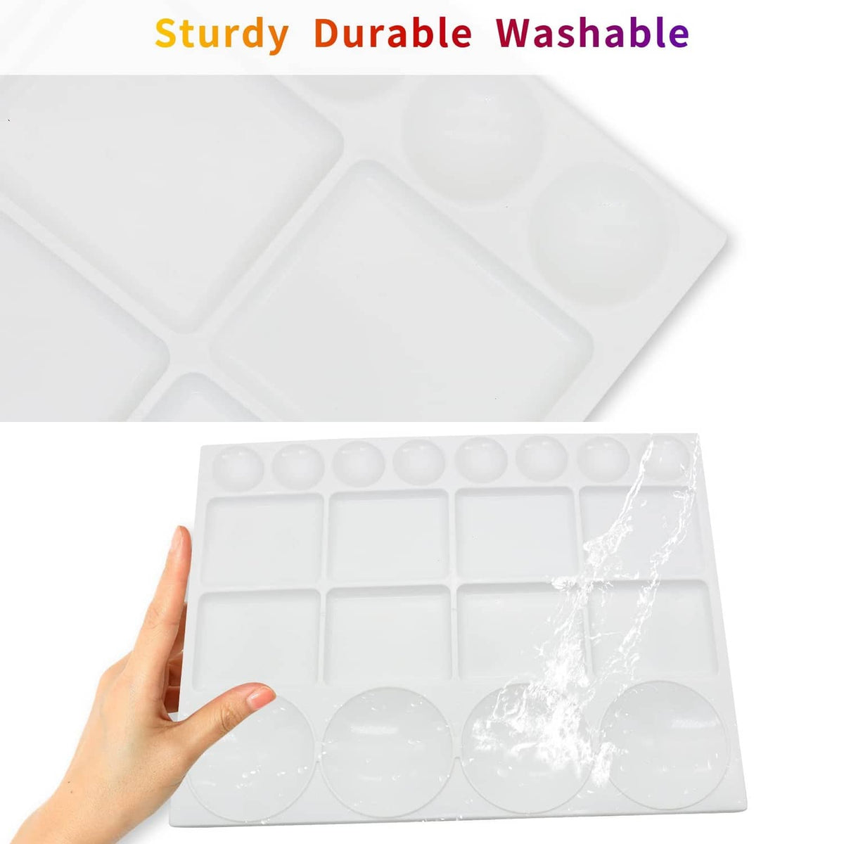 White watercolor paint tray palette with 20 wells; front close-up with clean surface