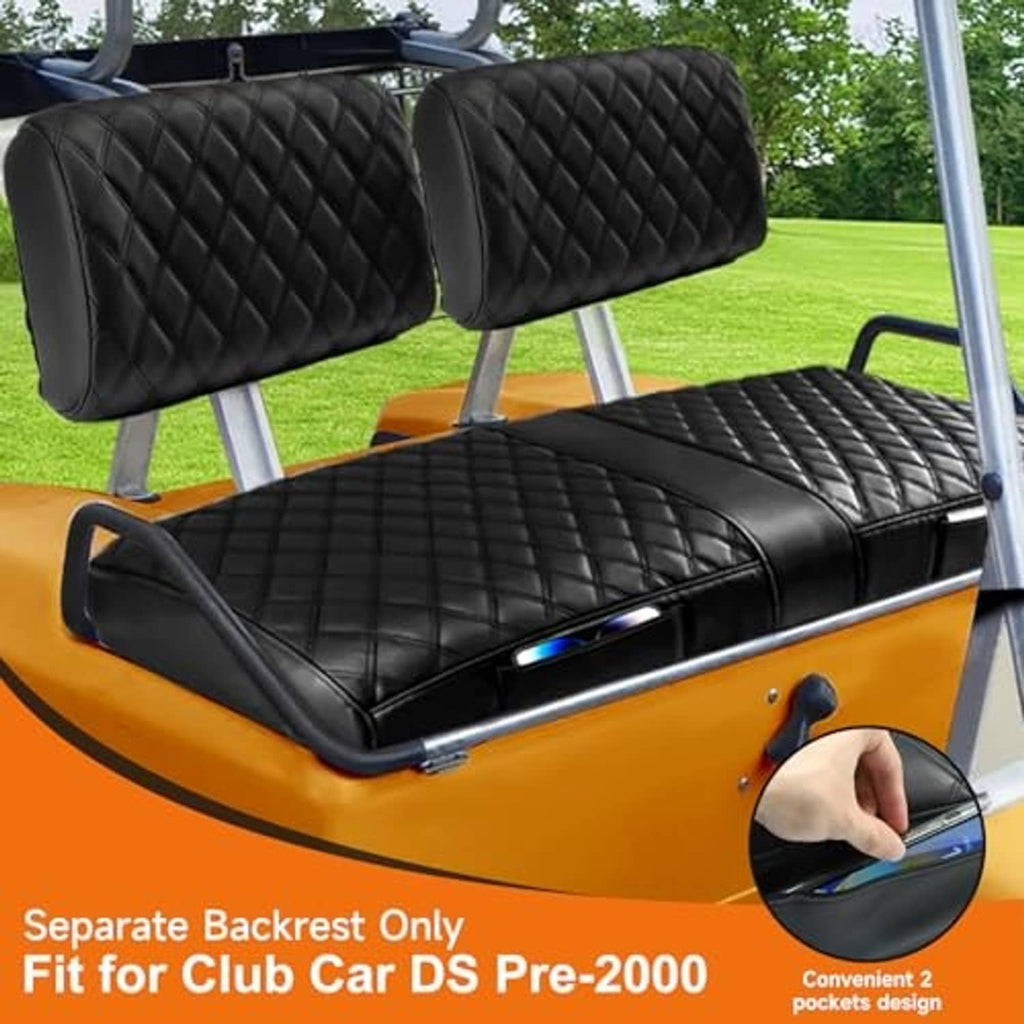 Black quilted golf cart seat and separate backrest section with storage pocket detail