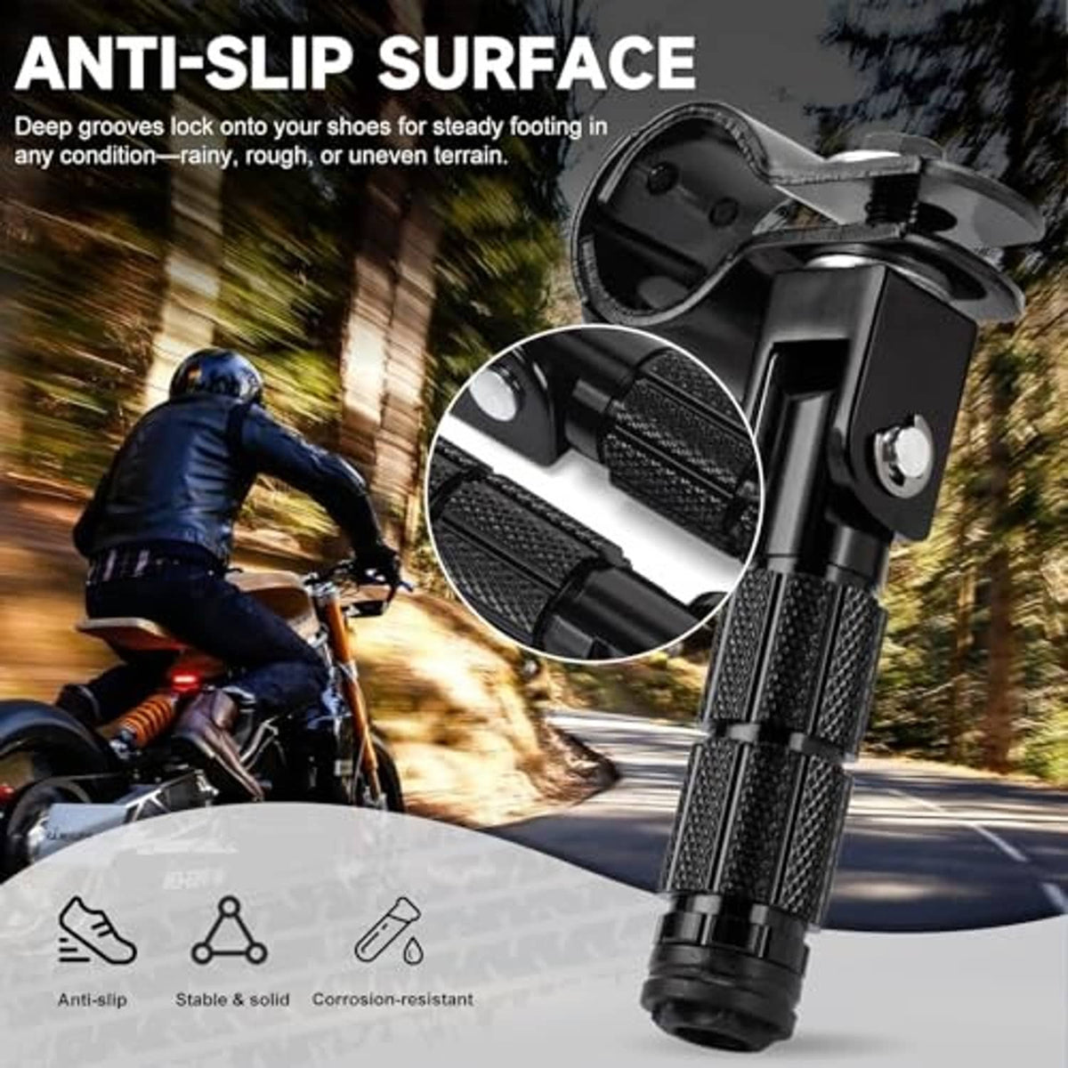 Black anti-slip textured foot pegs on metal foldable brackets