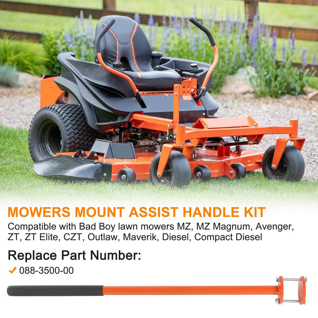 Zero-turn mower with orange mount assist handle kit and black handle grip