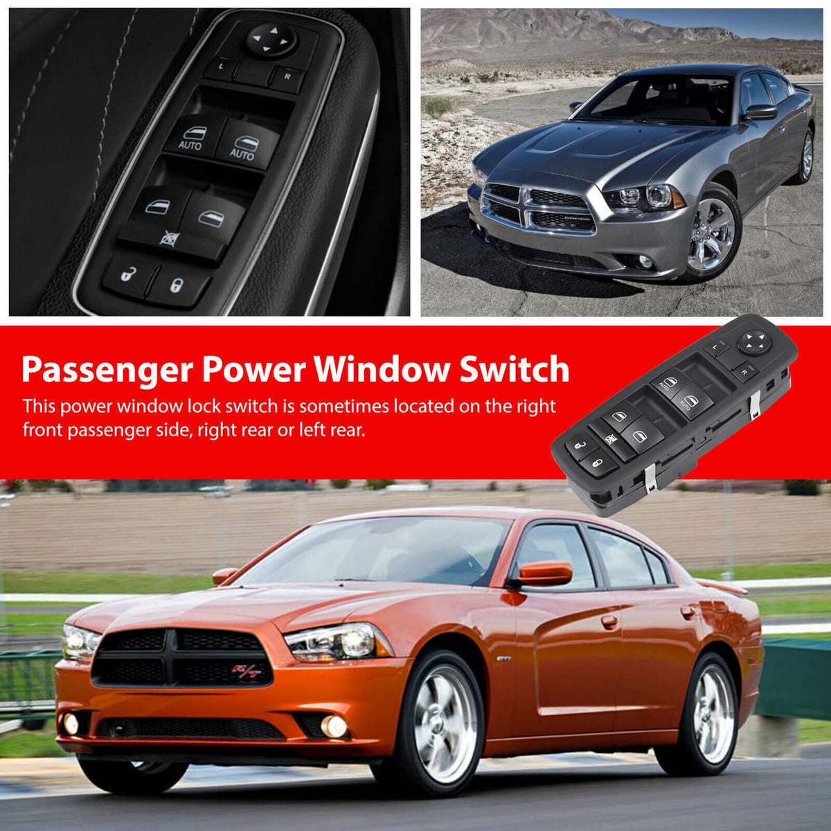 Black passenger power window switch with AUTO and window lock button icons