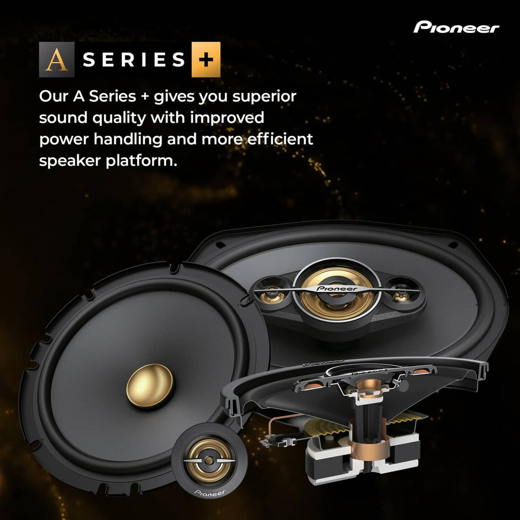 6x9 coaxial car speaker set with visible woofer, tweeter, and cutaway drivers