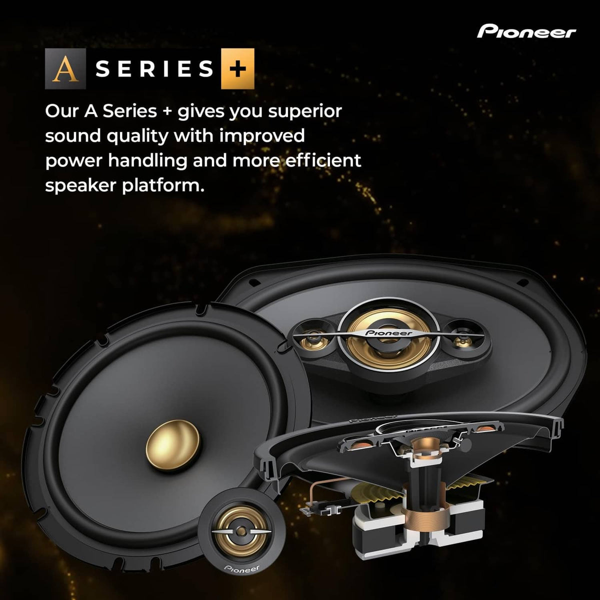 6x9 coaxial car speaker set with visible woofer, tweeter, and cutaway drivers