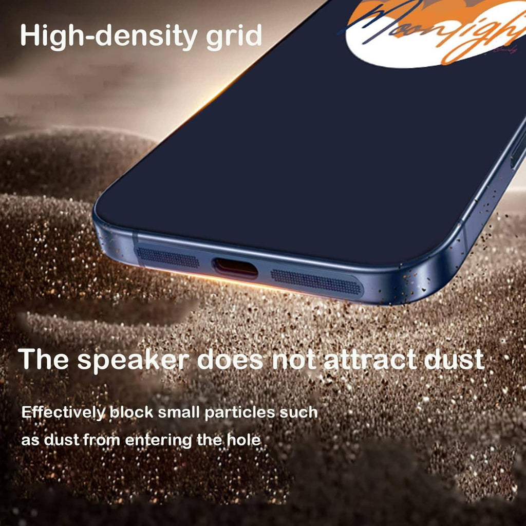 Dark blue phone with metal speaker grille dust cover over speaker holes