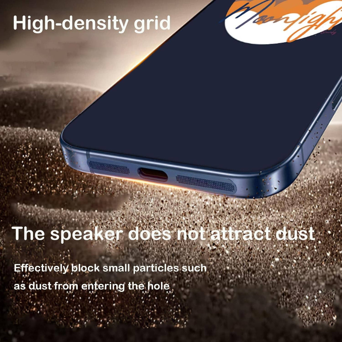Dark blue phone with metal speaker grille dust cover over speaker holes