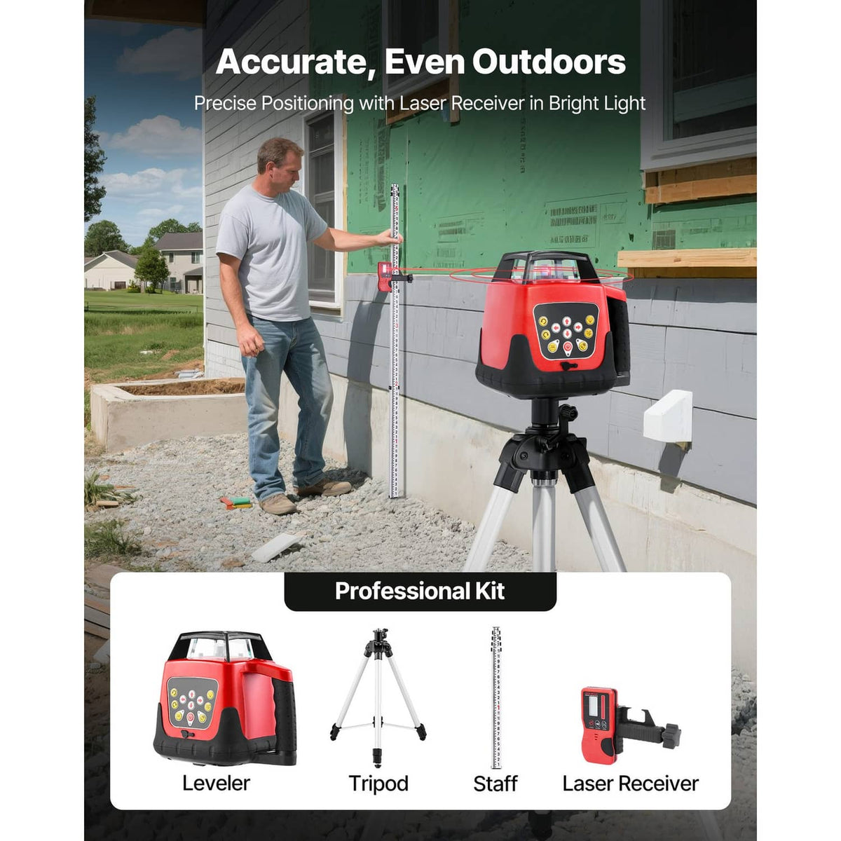 Red 360 self-leveling laser level on tripod with laser receiver for bright light use