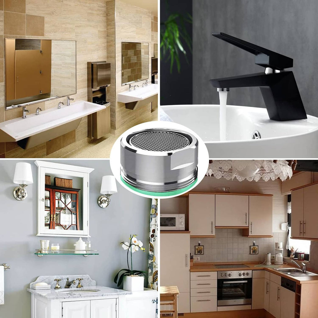 Chrome faucet aerator with round mesh screen fitted to bathroom sink