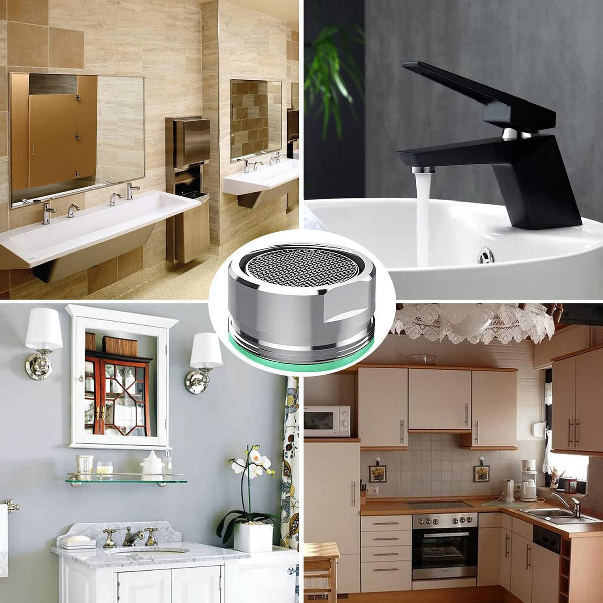 Chrome faucet aerator with round mesh screen fitted to bathroom sink