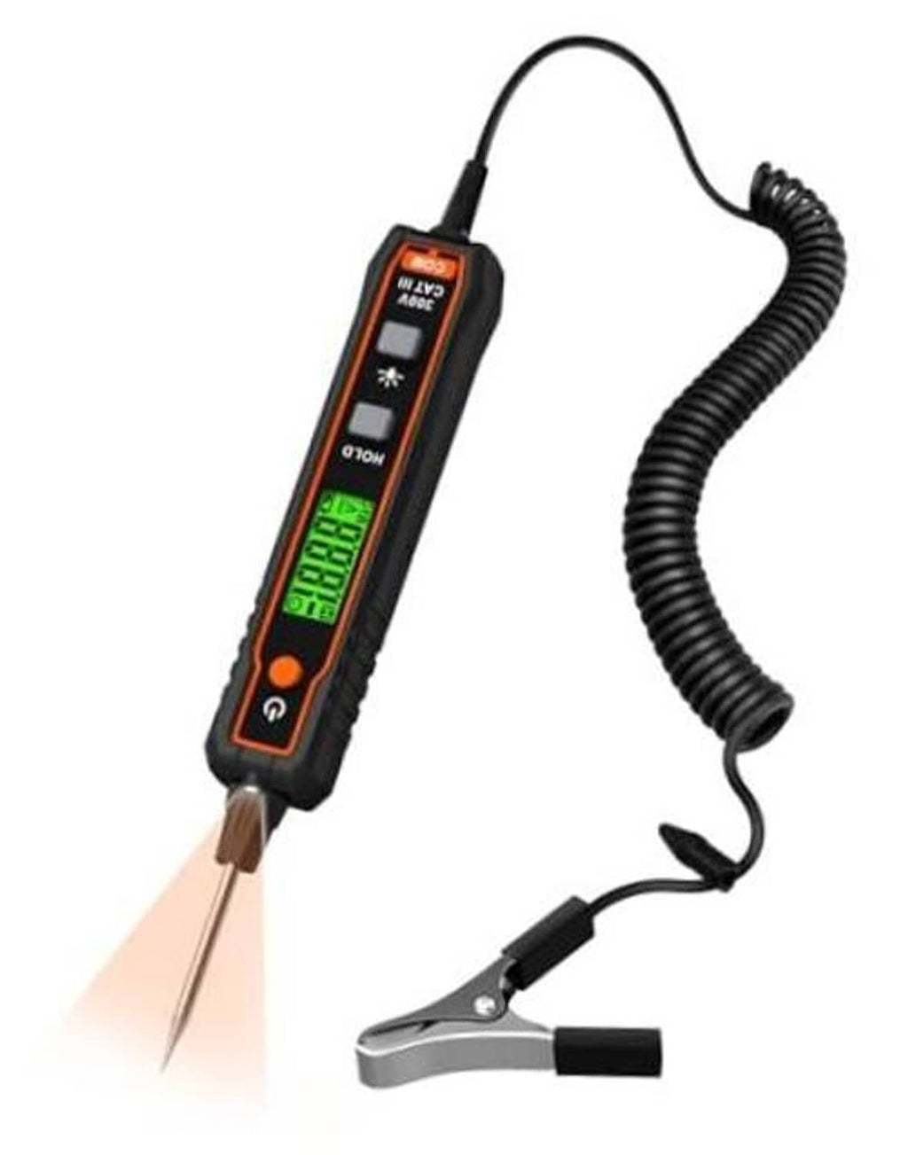 Automotive circuit tester with LCD screen and alligator clip leads, black/orange