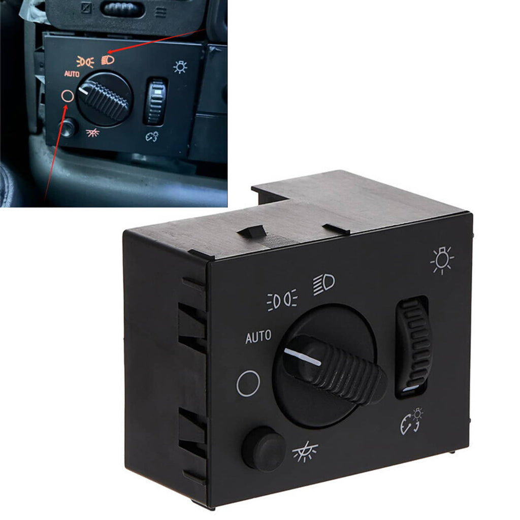 Black headlight switch with AUTO dial and dimmer rocker, mounted in dashboard