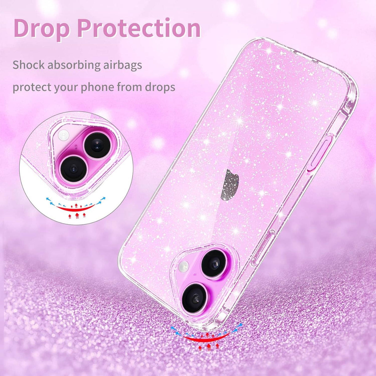 Pink sparkly phone case with dual camera openings and shock-absorbing corner design