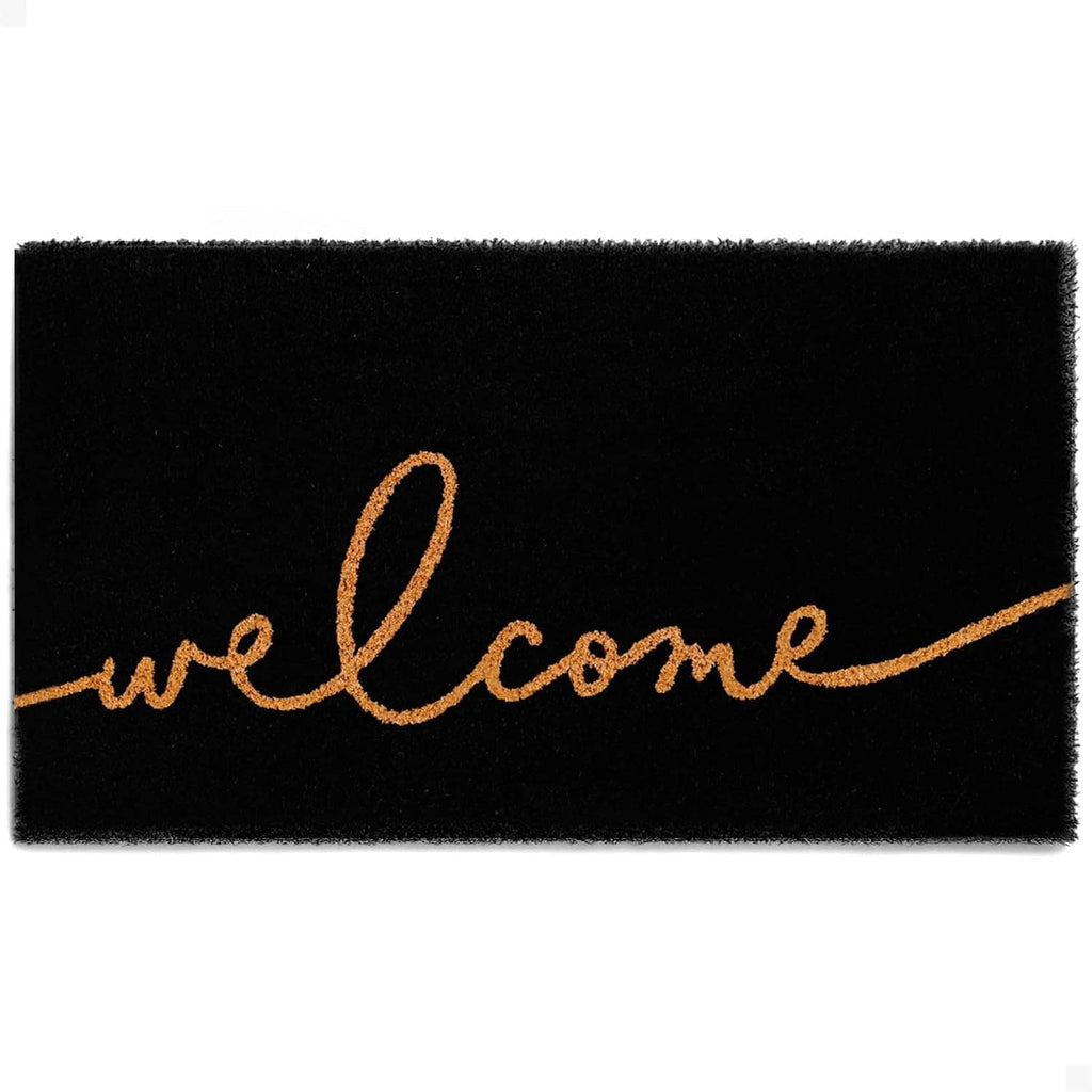 Black outdoor entrance door mat with orange handwritten-style 'Welcome' text