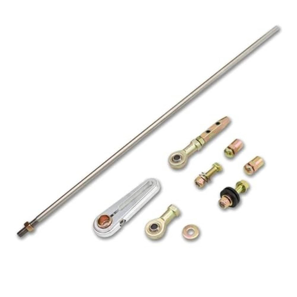 Adjustable column shift linkage kit with long rod, lever arms, bushings, and fasteners