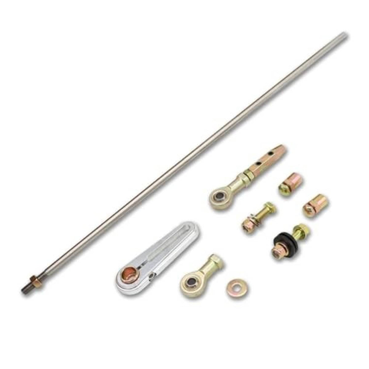 Adjustable column shift linkage kit with long rod, lever arms, bushings, and fasteners