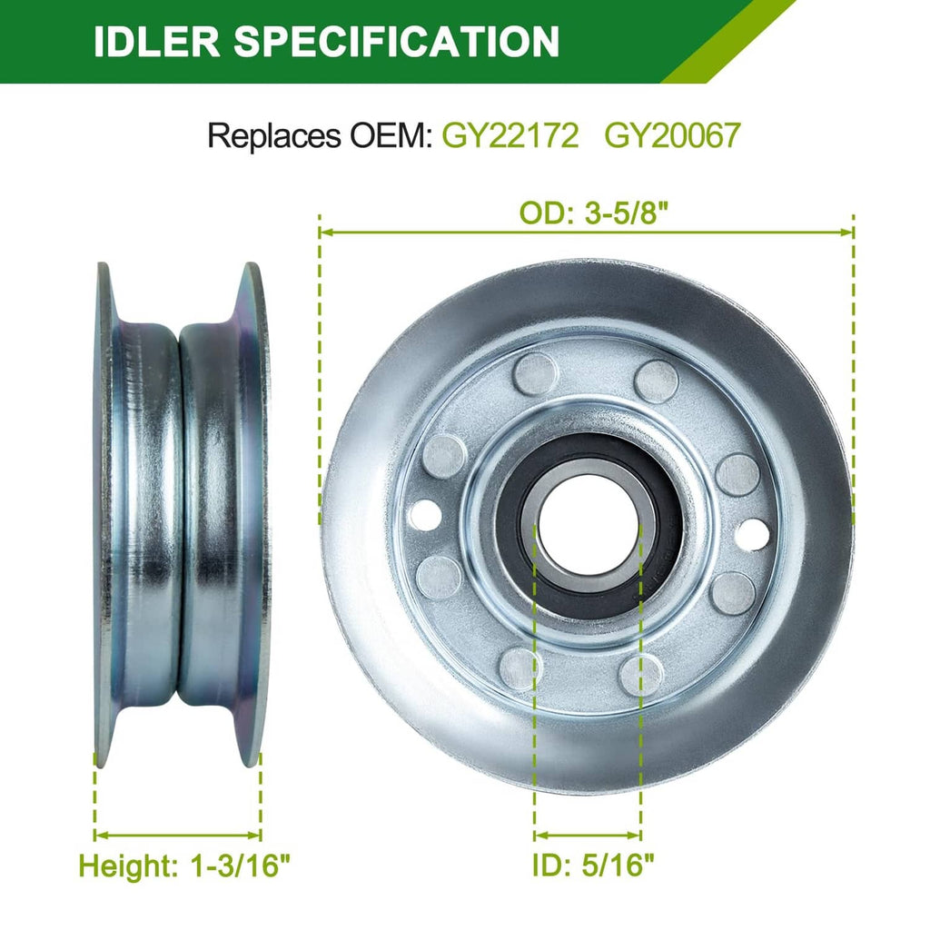 Mower idler pulley with metal wheel and black inner bearing, spec view