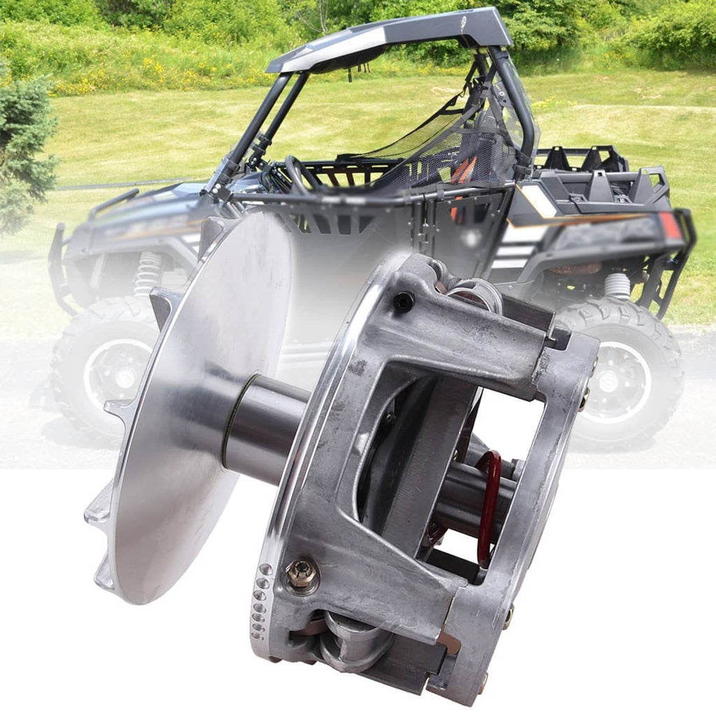 Metal primary drive clutch assembly with exposed spring and housing