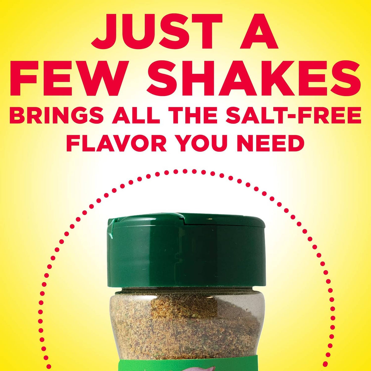 Salt-free table seasoning blend bottle with dotted circle accent on yellow background.