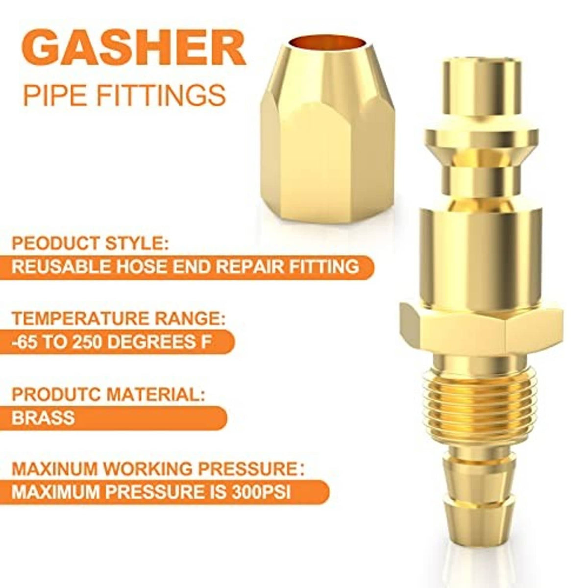 Brass pneumatic hose end repair fitting with red sealing ring and threaded male connection