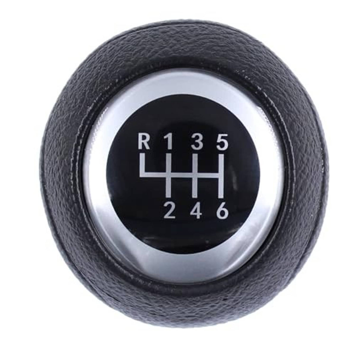 Black leather shift knob head with circular chrome trim and gear number panel