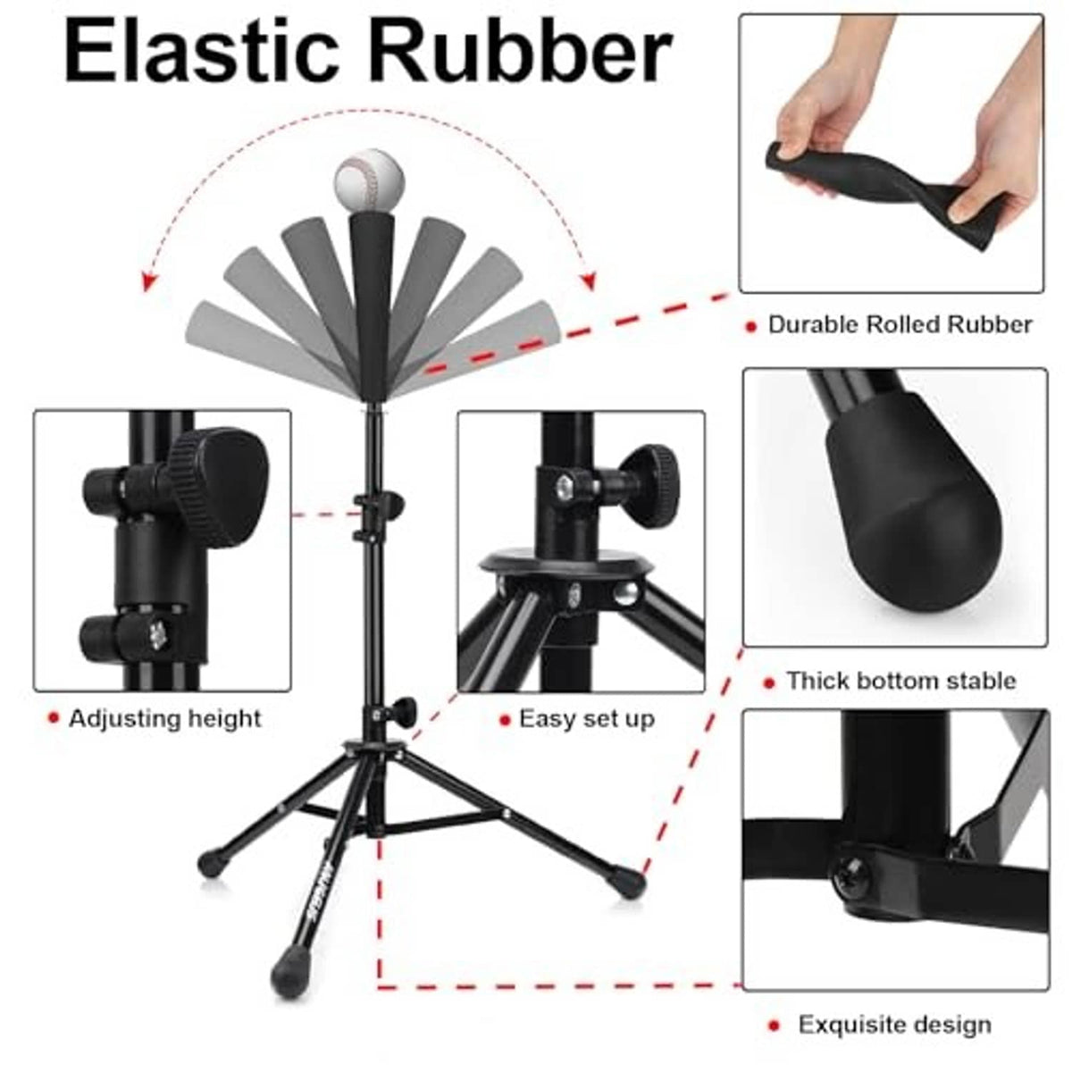 Adjustable black elastic rubber batting tee with stable base and foam ball head