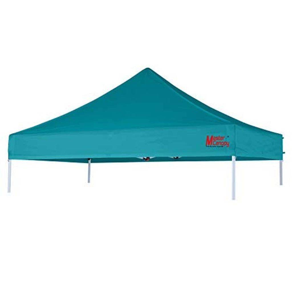 Turquoise replacement canopy top with peaked roof and brand logo on front panel