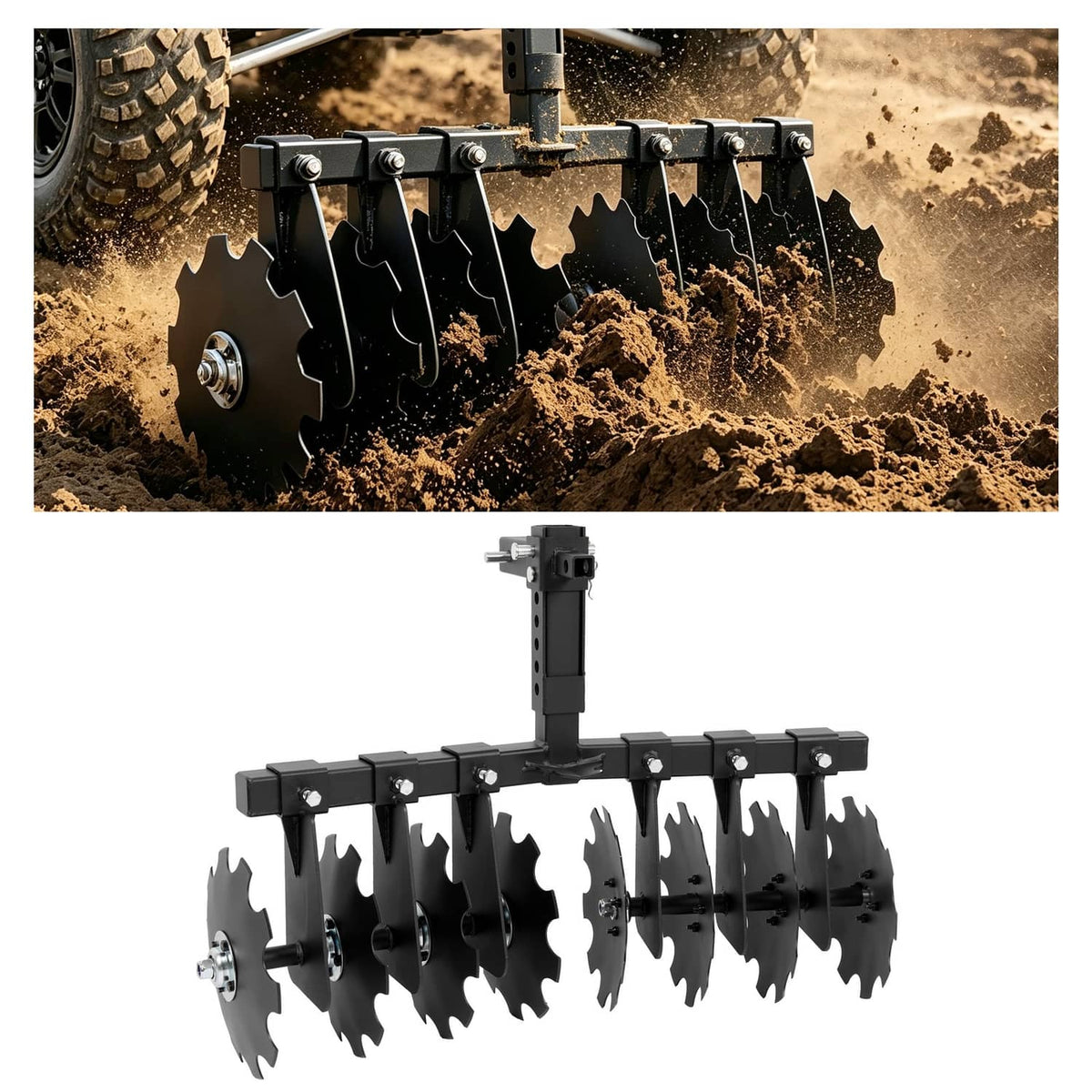 Disc harrow plow with notched steel discs and hitch mount for tractor use