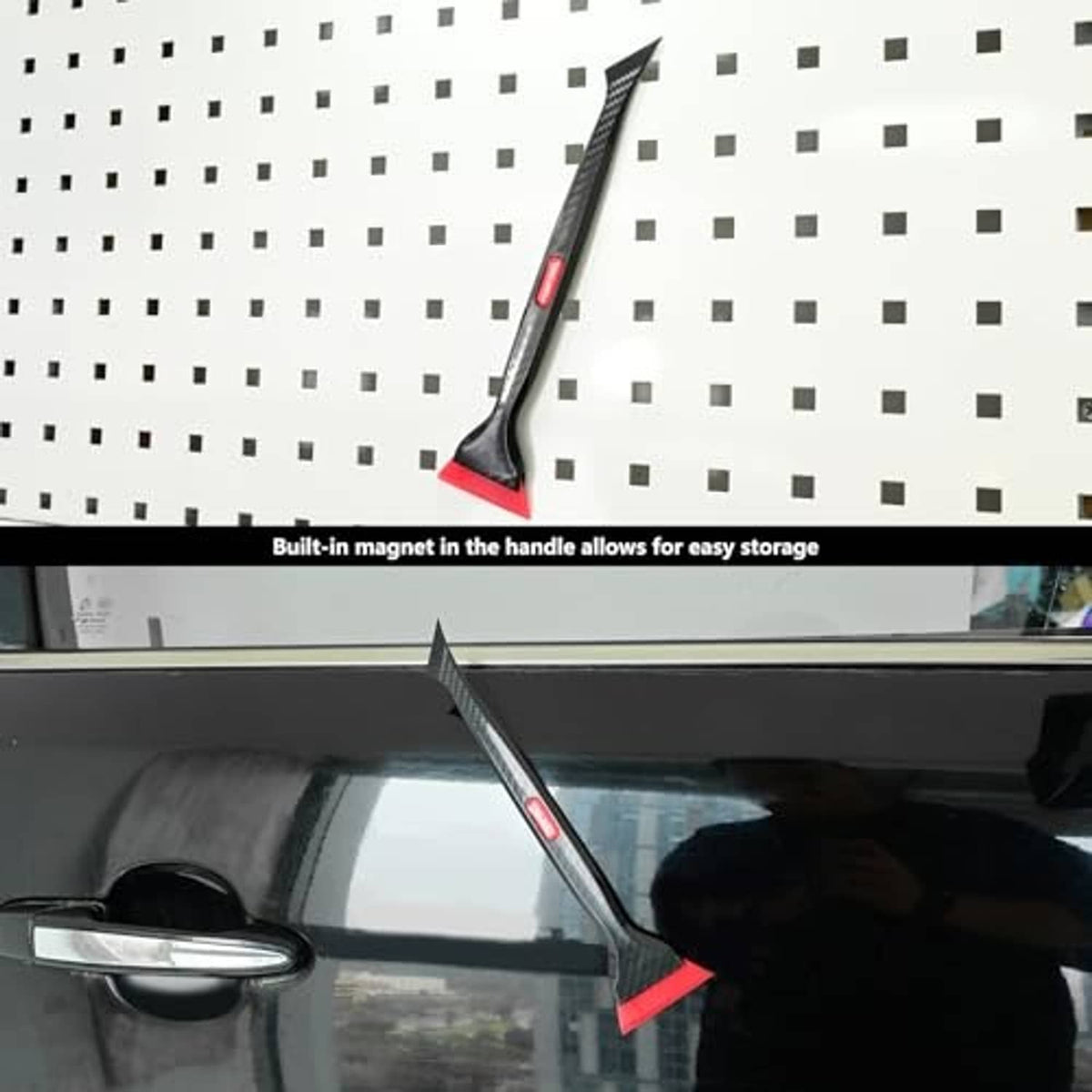 Slim black quarter window squeegee with red tip placed on a car window frame