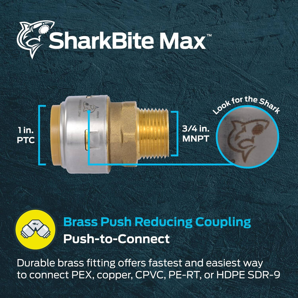 Brass SharkBite Max adapter showing 1 in. push-to-connect end and 3/4 in. MNPT threads
