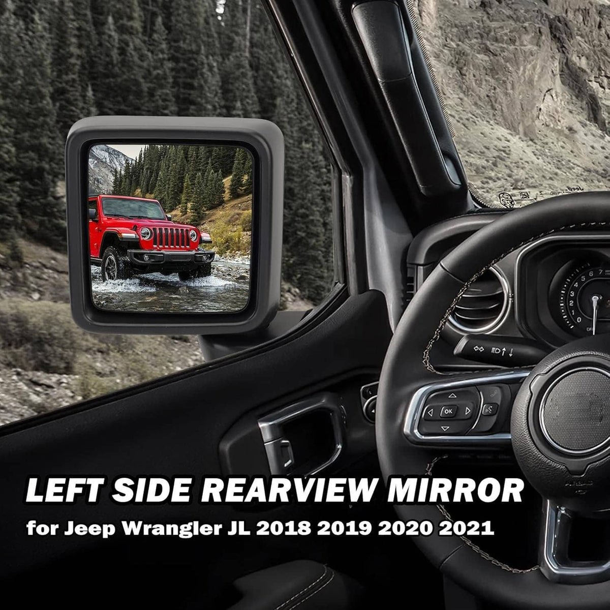 Black left rearview power heated side mirror installed on a vehicle